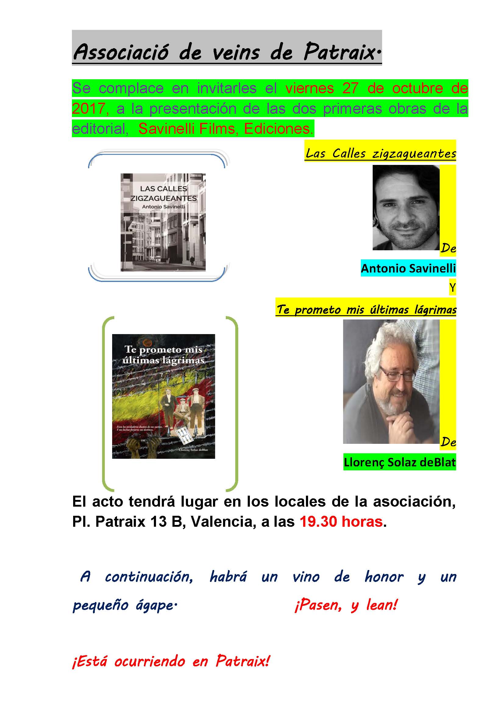 Presentació dels llibres “Las calles zigzagueantes” i “Te prometo mis últimas lágrimas”